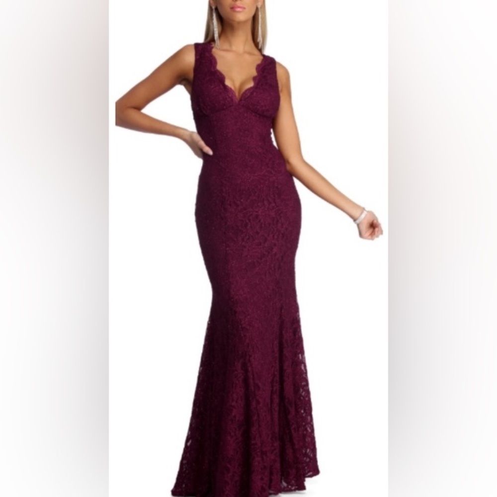 Burgundy lace, glittery evening dress